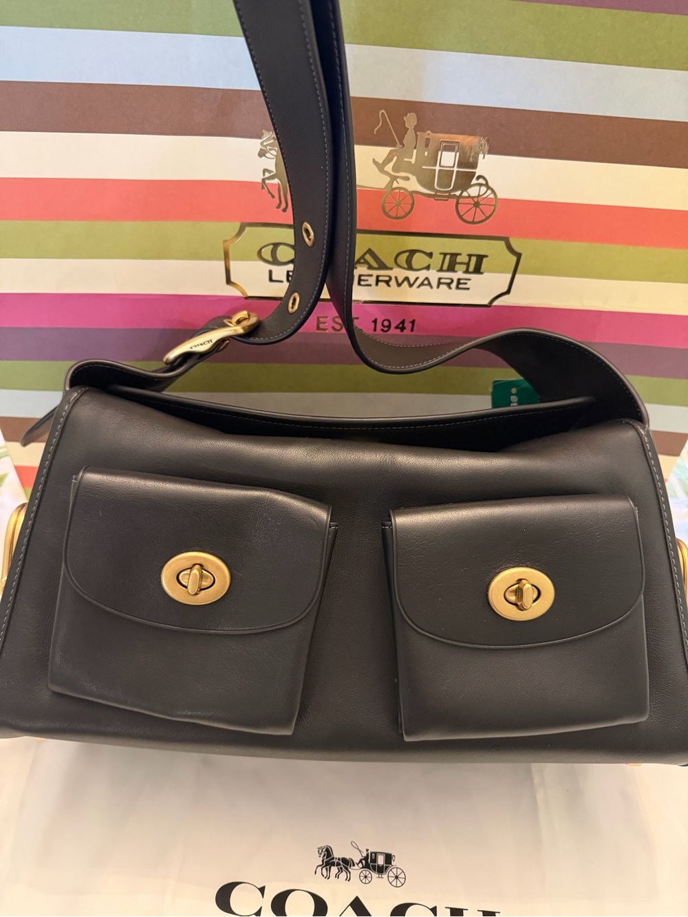 NWT Coach Haversack CDZ12 Black Leather Brass Shoulder Bag, Bleecker Archive - Picture 7 of 10